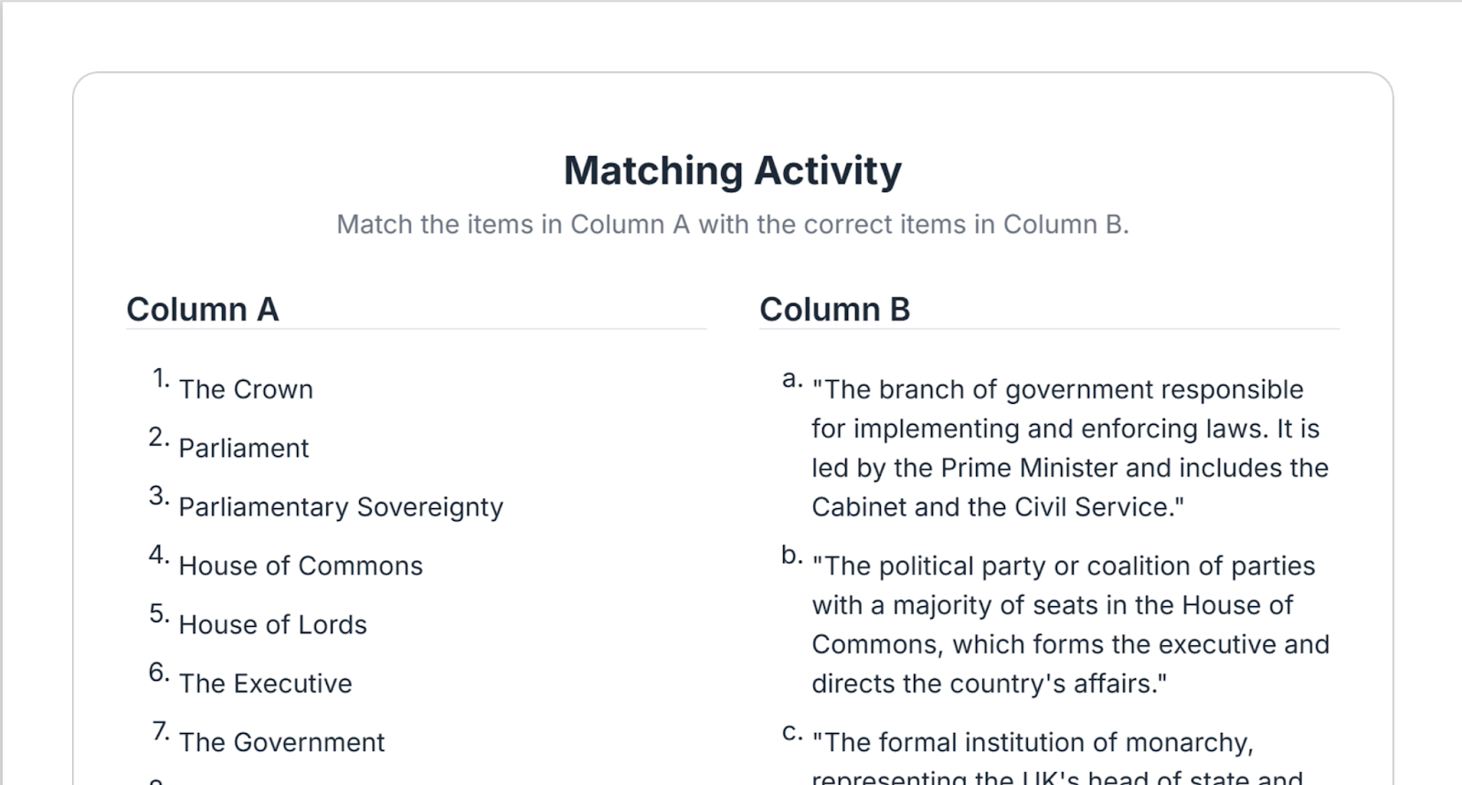 PDF output from the match-up generator app.
