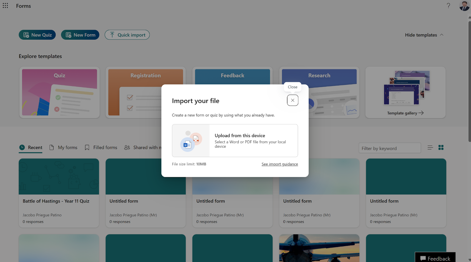 Microsoft Forms import quiz dialog
