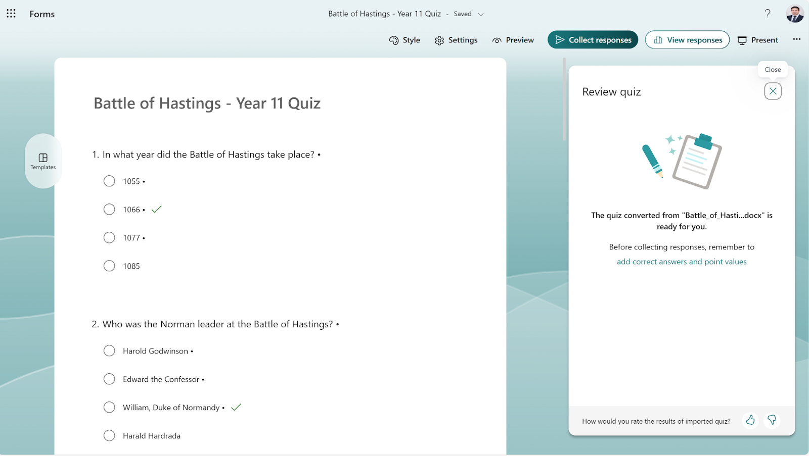 Microsoft Forms quiz in Teams