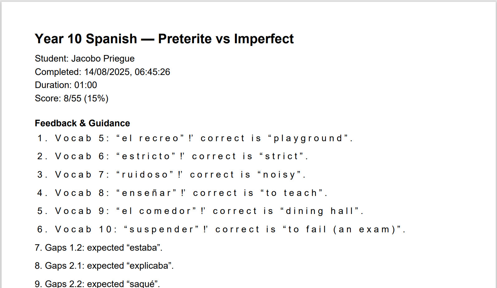 Example of a generated PDF report from the self-marking worksheet app.