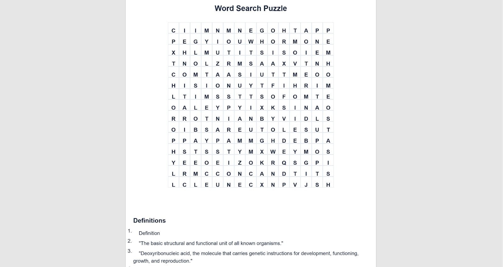 PDF output from the word search generator app.
